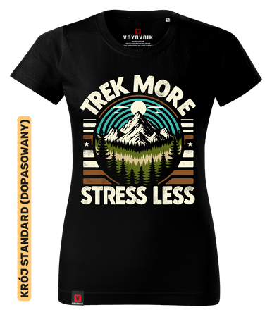 Koszulka damska standard VOYOVNIK "Trek More, Stress Less" - czarna, rozmiar XS [OUTLET]