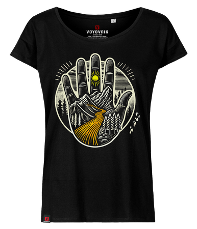 Koszulka damska oversize VOYOVNIK "Hand of Trails" - czarna, rozmiar M [OUTLET]